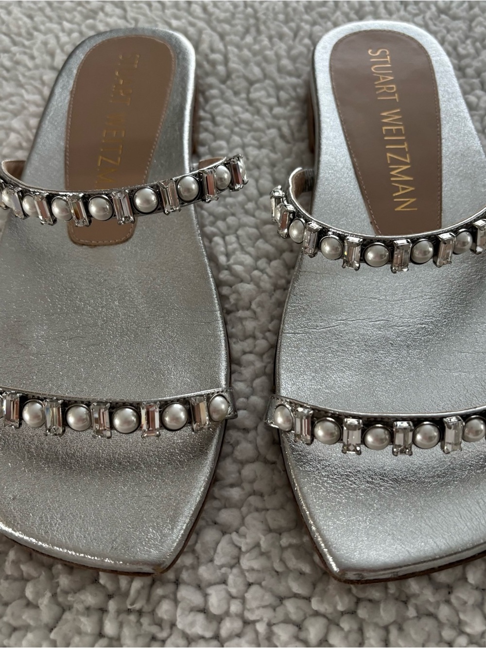 Stuart Weitzman Silver Pearl-Embellished Double Strap Slides